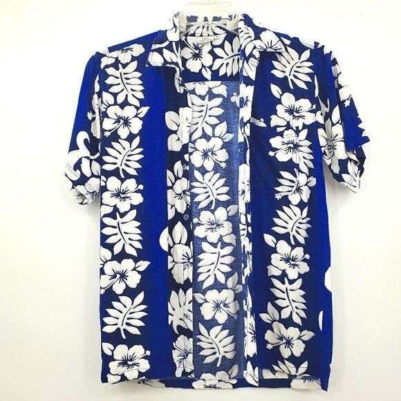Bali Collection Passion Hawaiian Royal Navy Blue White Floral Hawaiian Shirt 14 - Picture 12 of 12